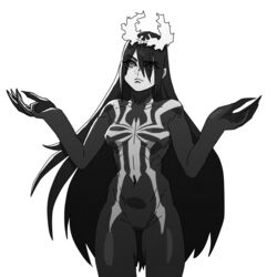  breasts commentary_request female genderswap_(mtf) greyscale hair_between_eyes hair_ribbon humanization long_hair looking_at_viewer marvel monochrome monster_girl pose ribbon rule_63 solo somersaultdropkick spider-man_(series) symbiote symbol transparent_background venom_(marvel) very_long_hair yandere 