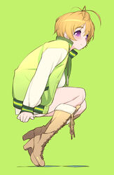  absurdres antenna_hair axanael blush boots brown_footwear brown_hair closed_mouth commentary_request cross-laced_footwear female from_side full_body green_background high_heel_boots high_heels highres invisible_chair jacket knee_boots letterman_jacket nitroplus purple_eyes shinjiro short_hair simple_background sitting smile solo watanuki_fuuri 