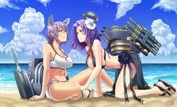  2girls absurdres beach bikini cloud commentary_request day eyepatch halo headgear highres kantai_collection mechanical_halo multiple_girls ocean official_alternate_costume outdoors purple_eyes purple_hair sandals shao_(newton) short_hair swimsuit tatsuta_(kancolle) tatsuta_(swimsuit_mode)_(kancolle) tenryuu_(kancolle) tenryuu_(swimsuit_mode)_(kancolle) yellow_eyes 