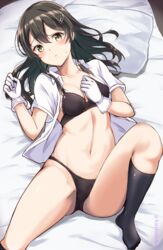  bad_id bad_twitter_id black_bra black_hair black_panties blush bra brown_eyes collarbone dress_shirt feet female gloves kantai_collection kneehighs long_hair looking_at_viewer lying navel no_shoes open_clothes open_shirt oyashio_(kancolle) panties pillow shirt socks solo stomach sweatdrop takaharu underwear 