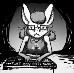  anthro bat black_and_white clothing cross d20 d4 dice draconicmentalist ear_piercing eyewear female glasses hair keyboard mammal monochrome nintendo piercing solo the_legend_of_zelda triforce 