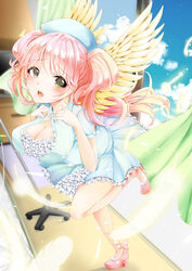  angel angel_wings bad_id bad_pixiv_id blush breasts cleavage commentary_request dress female frilled_dress frills green_eyes hat himawarino-tane large_breasts looking_at_viewer moe2016 nurse nurse_cap open_mouth open_window original pink_hair solo twintails window wings 