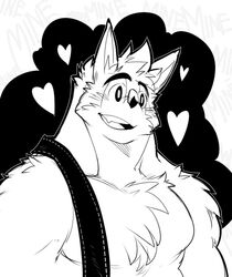  anthro biceps canid canine canis chest_tuft fluffy fur heart_symbol kokukokuboo male mammal monochrome muscular muscular_anthro muscular_male pecs solo teeth tuft wolf wuffle wuffle_(webcomic) 