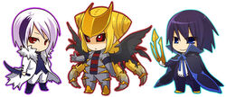  3boys :&lt; absol alternate_form bad_id bad_pixiv_id black_sclera blonde_hair blue_eyes blue_hair bodysuit boots chibi coat colored_sclera commentary_request empoleon fur_trim giratina giratina_(altered) hitec male_focus multicolored_hair multiple_boys outline personification pokemon red_eyes ribbon simple_background smile standing two-tone_hair unworn_headwear weapon white_background white_hair wings 