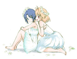  2girls alternate_costume arcueid_brunestud barefoot blonde_hair blue_eyes blue_hair blush ciel_(tsukihime) commentary_request dress flower head_wreath multiple_girls photoshop_(medium) pikakoya red_eyes sitting tsukihime 