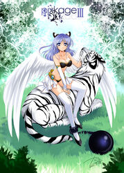  angel_wings ankle_cuffs ball_and_chain_restraint blue_eyes blue_hair bow bra breasts bustier cleavage commentary_request female hairbow highres kanna_(plum) lingerie long_hair looking_at_viewer medium_breasts pixiv_shadow revision shiny_skin sitting smile solo thighhighs tiger underwear white_thighhighs white_tiger wings 