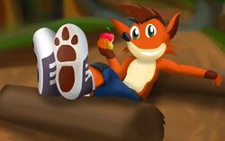  2013 activision anthro bandicoot biped clothed clothing crash_(series) crash_bandicoot detailed_background footwear forest jungle looking_at_viewer lounge lu123 male mammal marsupial outside plant shoes sitting smile solo topless tree 