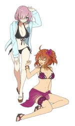  2girls :d ^_^ ahoge alternate_costume arm_support arm_up armpits bad_id bad_pixiv_id bikini black_bikini black_ribbon blue_jacket bracelet breasts cleavage closed_eyes collar collarbone cosplay derivative_work fate/grand_order fate_(series) flower front-tie_bikini_top front-tie_top fujimaru_ritsuka_(female) full_body groin hair_flower hair_ornament hair_over_one_eye halterneck hand_on_own_thigh heifetz high_heels highres jacket jeanne_d&#039;arc_(fate) jeanne_d&#039;arc_(swimsuit_archer)_(fate) jeanne_d&#039;arc_(swimsuit_archer)_(fate)_(cosplay) jeanne_d&#039;arc_(swimsuit_archer)_(first_ascension)_(fate) jewelry large_breasts leaning_to_the_side long_sleeves mash_kyrielight medium_breasts multiple_girls navel oerba_yun_fang one_side_up open_clothes open_jacket open_mouth orange_hair pink_bikini pink_hair purple_eyes ribbon sandals sarong scathach_(fate) scathach_(swimsuit_assassin)_(fate) scathach_(swimsuit_assassin)_(fate)_(cosplay) short_hair side-tie_bikini_bottom simple_background sitting smile stomach swimsuit thigh_strap underboob white_background yokozuwari 