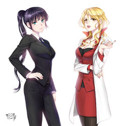  2girls black_hair black_jacket black_legwear black_pants blonde_hair blue_eyes blue_necktie breasts briska brown_eyes cleavage collarbone commentary_request formal hair_between_eyes hand_on_own_hip jacket jewelry karanomori_shion kunizuka_yayoi lab_coat long_hair long_sleeves looking_at_viewer medium_breasts miniskirt multiple_girls necklace necktie pant_suit pants pantyhose parted_lips pencil_skirt photoshop_(medium) psycho-pass red_skirt shirt side_ponytail simple_background skirt standing suit very_long_hair white_background white_shirt 