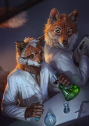  2018 5_fingers ailurid antares_kebero anthro black_nose canid canine clothed clothing coat conditional_dnp detailed detailed_fur digital_media_(artwork) duo eyewear fingers fox fur goggles hi_res jakemi lab_coat latex_(artist) male mammal orange_body orange_eyes orange_fur photorealism red_panda scientist topwear 