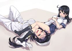  2girls ahoge arm_between_breasts armbar between_breasts black_hair black_socks blush breasts commentary_request drooling female_admiral_(kancolle) female_pervert gloves joint_lock kantai_collection large_breasts long_hair lying masochism matsuryuu military military_uniform multiple_girls naval_uniform navel open_mouth pervert purple_eyes school_uniform serafuku skirt socks tears thumbs_up uniform ushio_(kancolle) white_gloves wrestling yuri 