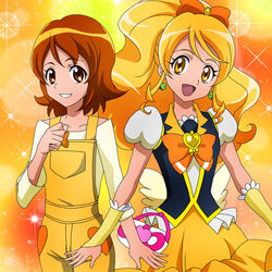  2girls blonde_hair bow bowtie brooch brown_eyes brown_hair commentary_request cure_honey dual_persona earrings frills hairbow happinesscharge_precure! heart heart_brooch jewelry long_hair magical_girl masako_(sabotage-mode) multiple_girls oomori_yuuko orange_background overalls photoshop_(medium) precure puffy_sleeves shirt short_hair skirt smile sparkle wide_ponytail wrist_cuffs yellow_eyes yellow_skirt 