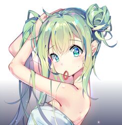  adjusting_hair ahoge arms_up commentary_request cy6n female from_side gradient_background green_eyes green_hair hair_bun hair_half_undone hatsune_miku highres long_hair mouth_hold naked_towel sidelocks single_hair_bun solo towel upper_body vocaloid wet 