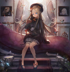  abigail_williams_(fate) black_bow black_dress black_footwear black_hat blonde_hair blue_eyes bow bug butterfly commentary_request dress fate/grand_order fate_(series) female floating_hair hairbow hat highres holding holding_stuffed_toy indoors lavinia_whateley_(fate) long_hair mary_janes orange_bow parted_bangs sachi_(160332) shoes short_dress short_shorts shorts shorts_under_dress sitting sleeves_past_fingers sleeves_past_wrists solo stairs stuffed_animal stuffed_toy teddy_bear very_long_hair white_shorts 