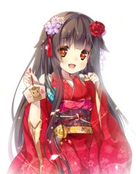  :d brown_hair chinese_zodiac commentary_request ema female flower furisode hair_flower hair_ornament japanese_clothes kimono long_hair miwabe_sakura new_year open_mouth original red_eyes red_kimono simple_background smile solo white_background year_of_the_horse 