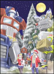  1980s_(style) 1990s_(style) 6+boys antlers armor autobot bad_link beast_wars bell boots box bumblebee_(transformers) capelet carly_(transformers) christmas christmas_ornaments christmas_tree container decepticon dinosaur female gift gift_box gloves glowing gorilla grimlock hat helmet holding horns hound_(transformers) insignia ironhide jazz_(transformers) kamizono_(spookyhouse) long_hair machine machinery maximal md5_mismatch mecha megatron merry_christmas metalhawk motor_vehicle multiple_boys open_mouth optimus_primal optimus_prime red_eyes red_gloves reindeer_antlers retro_artstyle robot sack santa_costume santa_hat science_fiction short_hair smile snowflakes snowing soundwave_(transformers) spike_witwicky standing starscream tape_recorder transformers transformers:_generation_1 transformers_super-god_masterforce truck tyrannosaurus_rex 