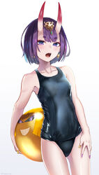  arm_behind_back artist_name bad_id bad_pixiv_id ball beachball bob_cut breasts commentary cowboy_shot earrings eyeshadow fate/grand_order fate_(series) female gradient_background hair_ornament hand_on_own_leg highres holding horns jewelry legs_apart looking_at_viewer makeup multicolored_nails nail_polish oerba_yun_fang old_school_swimsuit one-piece_swimsuit open_mouth purple_eyes purple_hair purple_nails school_swimsuit shiny_clothes shiny_swimsuit short_hair shuten_douji_(fate) skin-covered_horns small_breasts solo standing swimsuit teeth thick_eyebrows upper_teeth_only yellow_nails yukihama 