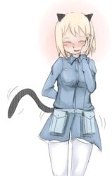  animal_ears bad_id bad_pixiv_id blonde_hair blush closed_eyes elma_leivonen female hand_on_own_cheek hand_on_own_face open_mouth pantyhose smile solo strike_witches:_suomus_misfits_squadron tail tail_wagging ukedachi uniform weasel_ears weasel_girl weasel_tail world_witches_series 