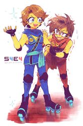  2boys animification bad_id bad_pixiv_id bare_shoulders blue_eyes bodysuit brown_hair colored_skin eyebrows fingerless_gloves gloves inline_skates japanese_clothes jay_(ninjago) kai_(ninjago) male_focus multiple_boys ninjago red_eyes roller_skates shimanie skates smile spiked_hair the_lego_group yellow_skin 