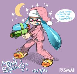  alternate_costume angry animal_slippers artist_name bad_id bad_tumblr_id blue_hair commentary crescent_moon english_text fangs female hat inkling inkling_girl inkling_player_character long_hair moon open_mouth pajamas pants pink_pants print_pajamas red_eyes sami_briggs slippers sparkle splatoon_(series) splatoon_1 splattershot_(splatoon) super_soaker tentacle_hair zapfish 