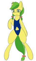  2014 3:5 anthro anthrofied apple_fritter_(mlp) clothed clothing earth_pony equid equine female friendship_is_magic fur green_body green_eyes green_fur green_hair hair hasbro hi_res horse looking_at_viewer mammal my_little_pony navel pony ponytail simple_background solo swimwear thermalcake white_background yellow_body yellow_fur yellow_skin 