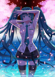  absurdres aqua_eyes aqua_hair commentary_request female hatsune_miku highres long_hair md5_mismatch necktie petals skirt solo switch01 thighhighs twintails very_long_hair vocaloid wading wet 