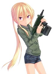  absurdres bad_id bad_pixiv_id black_shorts blonde_hair blush cbj-ms denim denim_shorts dreadtie drum_magazine female gun highres jessica_jefferson long_hair magazine_(weapon) original pink_eyes ponytail shorts sidelocks solo standing submachine_gun trigger_discipline very_long_hair weapon 