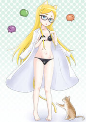  absurdres animal_ears bad_id bad_pixiv_id barefoot black_bra black_gloves black_panties blonde_hair blue_eyes bra cat_ears cat_tail commentary_request feline female glasses gloves half_gloves highres kemonomimi_mode kurukuru_(sekai_seifuku) lab_coat long_hair long_sleeves lowleg lowleg_panties natasha_(sekai_seifuku) navel panties paw_pose polka_dot polka_dot_background sekai_seifuku:_bouryaku_no_zvezda solo tail telaform underwear 