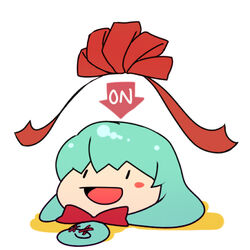  :d arrow_(symbol) blush_stickers english_text female green_hair head_scarf hitec kagiyama_hina looking_up lowres open_mouth ribbon shawl smile solid_oval_eyes solo touhou yukkuri_shiteitte_ne |_| 