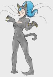  animal_humanoid blue_hair breasts capcom cat_costume cat_humanoid claws cleavage clothed clothing costume darkstalkers felicia_(darkstalkers) felid felid_humanoid feline feline_humanoid female hair humanoid looking_at_viewer mammal mammal_humanoid orange_eyes ponytail simple_background solo unknown_artist were werecat werefelid werefeline 