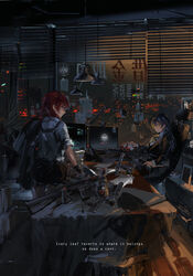  2girls ashtray assault_rifle ayase_eli blue_hair building chair city commentary_request computer grenade_launcher gun h&amp;k_g36 holster long_hair looking_back love_live! love_live!_school_idol_project m16 m16a4 m203 multiple_girls nishikino_maki office office_chair red_eyes red_hair reflection rifle shadow shoulder_holster sitting skyscraper soldier_game sonoda_umi stu_dts swivel_chair underbarrel_grenade_launcher weapon window window_blinds yellow_eyes 