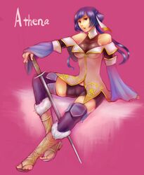  athena_(fire_emblem) blue_hair character_name commentary_request female fire_emblem fire_emblem:_new_mystery_of_the_emblem fire_emblem:_shadow_dragon highres long_hair open_mouth purple_eyes solo suikomu_now sword twintails weapon 