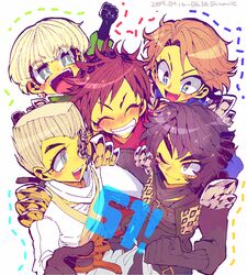  5boys animification arm_up armor bad_id bad_pixiv_id black_eyes black_hair blonde_hair blue_eyes bob_cut bodysuit brown_hair cole_(ninjago) colored_skin cyborg gloves hair_over_one_eye japanese_armor japanese_clothes jay_(ninjago) kai_(ninjago) lloyd_garmadon lloyd_garmadon_(young) multiple_boys ninjago red_eyes shimanie shoulder_armor shoulder_pads sode spiked_hair the_lego_group thick_eyebrows turtleneck white_hair yellow_skin zane_(ninjago) 