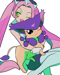  delcatty female goggles green_eyes lovrina_(pokemon) pink_hair pokemon pokemon_(game) pokemon_xd simple_background twintails wink 