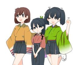  3girls bad_id bad_twitter_id blue_hair brown_hair clenched_hand commentary geta hair_between_eyes hair_ribbon hakama hakama_short_skirt hakama_skirt hiryuu_(kancolle) houshou_(kancolle) japanese_clothes kantai_collection looking_at_viewer lowres miniskirt multiple_girls one_eye_closed one_side_up ponytail ribbon round_teeth short_hair simple_background skirt smile socks souryuu_(kancolle) swept_bangs tasuki teeth twintails white_background yoichi_(umagoya) 