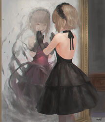  backless_dress backless_outfit black_dress black_gloves brown_hair closed_eyes closed_mouth commentary_request cowboy_shot different_reflection dress female gloves gothic_lolita headdress highres indoors lolita_fashion mirror mizore_akihiro original red_dress reflection short_hair signature sleeveless sleeveless_dress smile solo standing striped_clothes striped_dress 