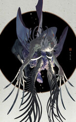  1boy aqua_eyes bone claws commentary_request japanese_clothes kaguya_kimimaro male_focus monster_boy naruto naruto_(series) ninja photoshop_(medium) rei_(sanbonzakura) ribs skeletal_wings solo spikes white_hair wings 