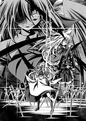  3girls aishuu_karasutengu commentary_request gengetsu_(touhou) greyscale highres maid monochrome multiple_girls photoshop_(medium) shinki_(touhou) sword touhou touhou_(pc-98) weapon wings yumeko_(touhou) 