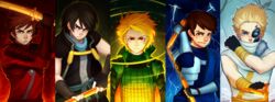  armor asymmetrical_eyebrows bare_shoulders black_hair blonde_hair blue_eyes bodysuit brown_hair cole_(ninjago) cyborg eyebrows fingerless_gloves gloves gradient gradient_background green_eyes hair_over_one_eye japanese_armor japanese_clothes jay_(ninjago) kai_(ninjago) lloyd_garmadon multiple_boys ninjago nunchaku red_eyes short_hair shoulder_pads silver_hair smile sode spiked_hair spoilers sword the_lego_group thick_eyebrows turtleneck weapon zane_(ninjago) 