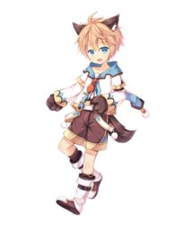  1boy :d ahoge amemiya_ruki animal_ears animal_hands aura_kingdom blonde_hair blue_eyes boots collarbone commentary_request full_body hansel_(aura_kingdom) long_sleeves looking_at_viewer male_focus oerba_yun_fang open_mouth shorts simple_background smile solo tail transparent_background wolf_ears wolf_paws wolf_tail 