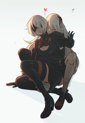  2b_(nier:automata) 2girls a2_(nier:automata) android arm_at_side arm_support black_blindfold black_dress black_footwear black_gloves black_thighhighs blindfold blowing_on_neck blurry boots breasts cleavage closed_eyes commentary covered_eyes dress elbow_gloves english_commentary full_body gloves gradient_background hair_between_eyes hand_in_another&#039;s_hair hand_on_another&#039;s_head hand_up heart high_heel_boots high_heels hug hug_from_behind joints koyorin long_hair mechanical_legs medium_breasts mole mole_under_mouth multiple_girls nier:automata nier_(series) parted_lips photoshop_(medium) pink_lips puffy_sleeves robot robot_joints science_fiction shade shoes short_dress short_hair sitting sleeves_past_elbows smile smirk swept_bangs thigh_boots thighhighs toeless_footwear turtleneck upskirt very_long_hair watermark web_address white_hair yuri 