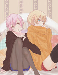  2boys alois_trancy black_legwear blonde_hair blue_eyes commentary_request crossover grey_eyes kuroshitsuji male_focus mikado_nagi multiple_boys orange_shirt otoko_no_ko pantyhose pink_hair roko_(rkrk_s) shirt shorts sweater thighhighs uta_no_prince-sama uta_no_prince-sama_maji_love_2000_percent 