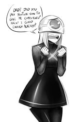  commentary cyclops dress english_commentary english_text female game_console greyscale helmet microsoft monochrome monster_girl one-eyed personification psuede thighhighs xbox_one 