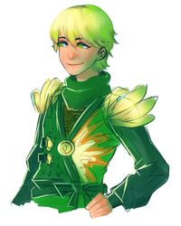  1boy armor artist_request blonde_hair green_eyes hand_on_own_hip japanese_armor japanese_clothes lloyd_garmadon male_focus ninjago shoulder_armor shoulder_pads smile sode solo the_lego_group turtleneck 