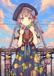  beret blue_eyes blue_sky blush bow braid cha_goma cloud commentary_request day dress female fence food_print gem grey_hair hair_ornament hair_ribbon hairbow hat highres jewelry lemon_print lens_flare long_hair looking_at_viewer original outdoors puffy_short_sleeves puffy_sleeves ribbon ring ring_pop short_sleeves sky smile solo standing twin_braids twintails very_long_hair 