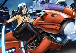  aircraft black_eyes black_gloves black_hair building commentary_request energy_sword female flying_saucer foreshortening from_below gloves glowing highres hover_bike jacket jchoy original photoshop_(medium) skyscraper solo spacecraft sword ufo weapon 