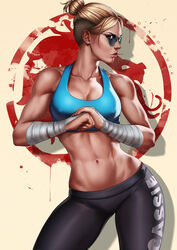  artist_name bandaged_arm bandaged_hand bandages blonde_hair blue_eyes breasts cassie_cage commentary dandon_fuga english_commentary female fist_in_hand large_breasts midriff mortal_kombat_(series) mortal_kombat_x muscular muscular_female navel short_hair solo sports_bra standing sunglasses 