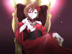  akujiki_musume_conchita_(vocaloid) banica_conchita brown_hair choker claws commentary corset derivative_work detached_sleeves dress evil_smile evillious_nendaiki female fingernails flower hair_flower hair_ornament highres meiko_(vocaloid) outstretched_hand red_dress red_eyes rose short_hair sitting smile solo throne uglytree vocaloid 