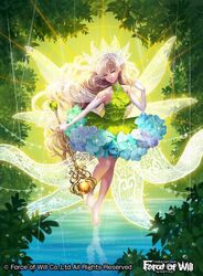  bare_shoulders barefoot blonde_hair commentary_request copyright_name crown curly_hair fairy_wings female flower force_of_will gloves green_eyes leaf long_hair official_art rain solo sparkle staff tsutsui_misa water wings 