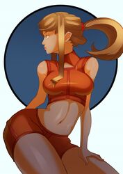  2014 blonde_hair casual_outfit_(metroid) female female_only human metroid navel nintendo ponytail samus_aran shorts solo splashbrush tied_hair 